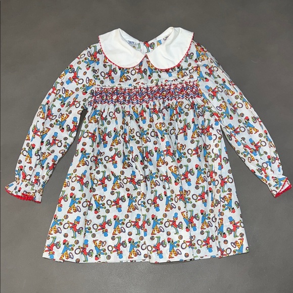 FARRARGROUP - VINTAGE RARE Polly Flinders Colorful Smocked Dress - Circus, Clown Print FARRARGROUP - VINTAGE RARE Polly Flinders Colorful Smocked Dress - Circus, Clown Print